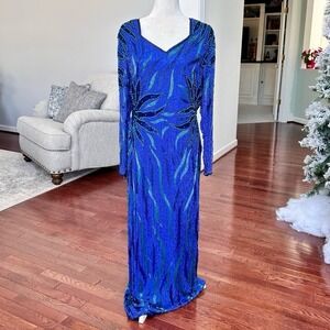 Vintage Handmade Luxury Fully Beaded Long Sleeve Embellished Gown Dress